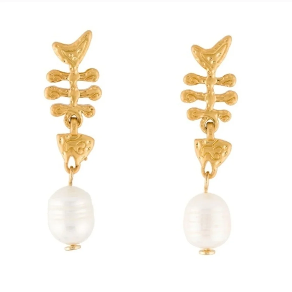 💛▪️Tory Burch ▪️Gold Fishbone Faux  Pearl Drop Earrings